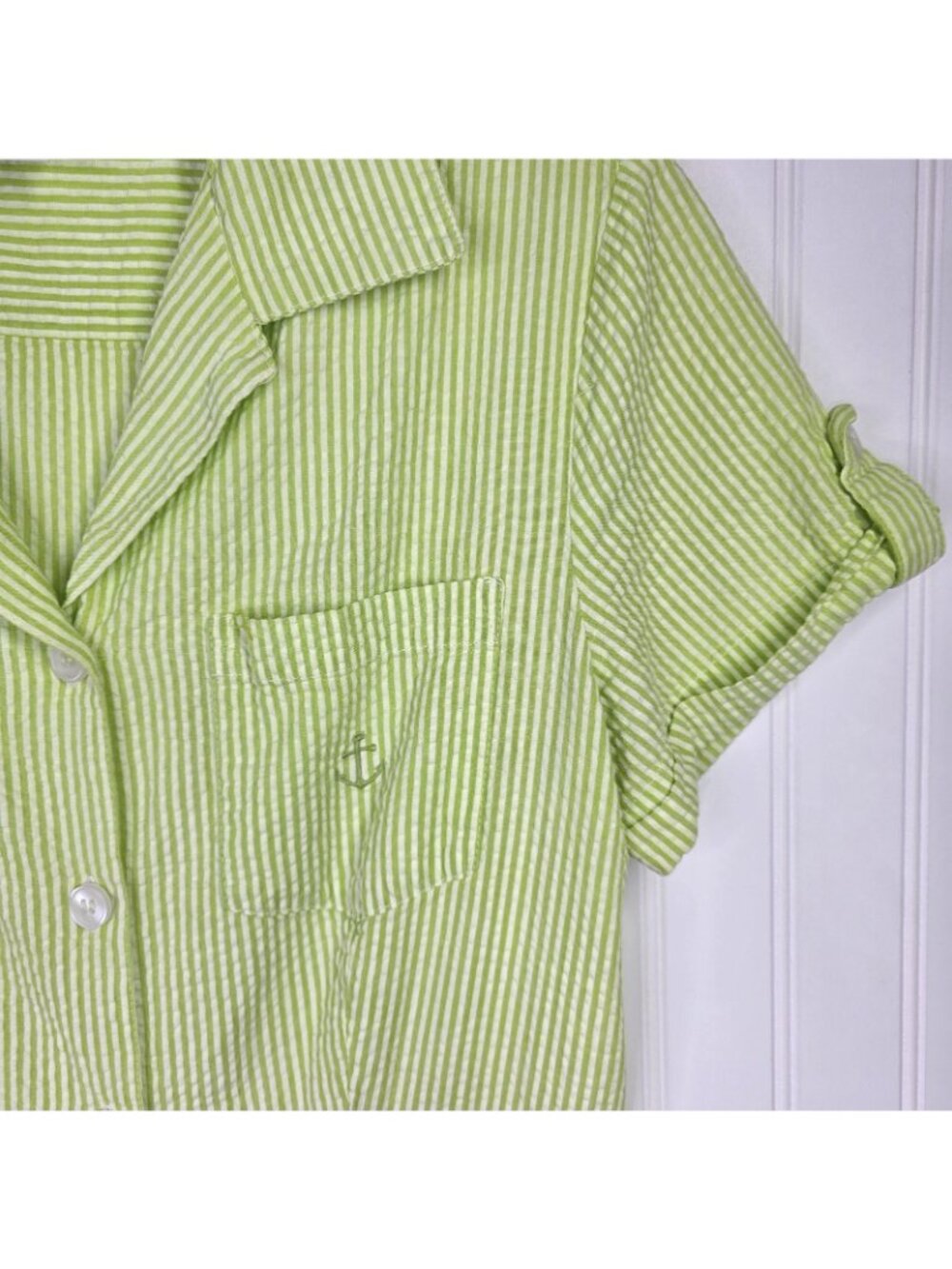 JG Hook Dress 8 Green Striped Seersucker Midi Button Up Nautical Coastal Casual - Picture 4 of 11